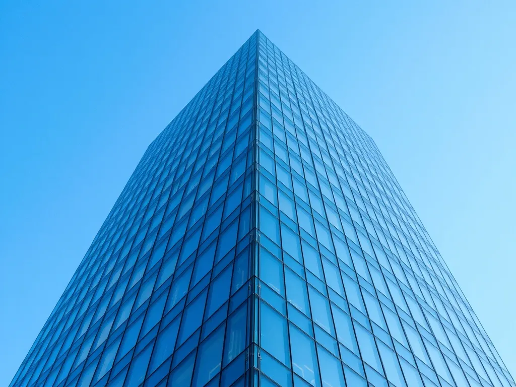 A high-angle architectural shot of a modern glass office bui