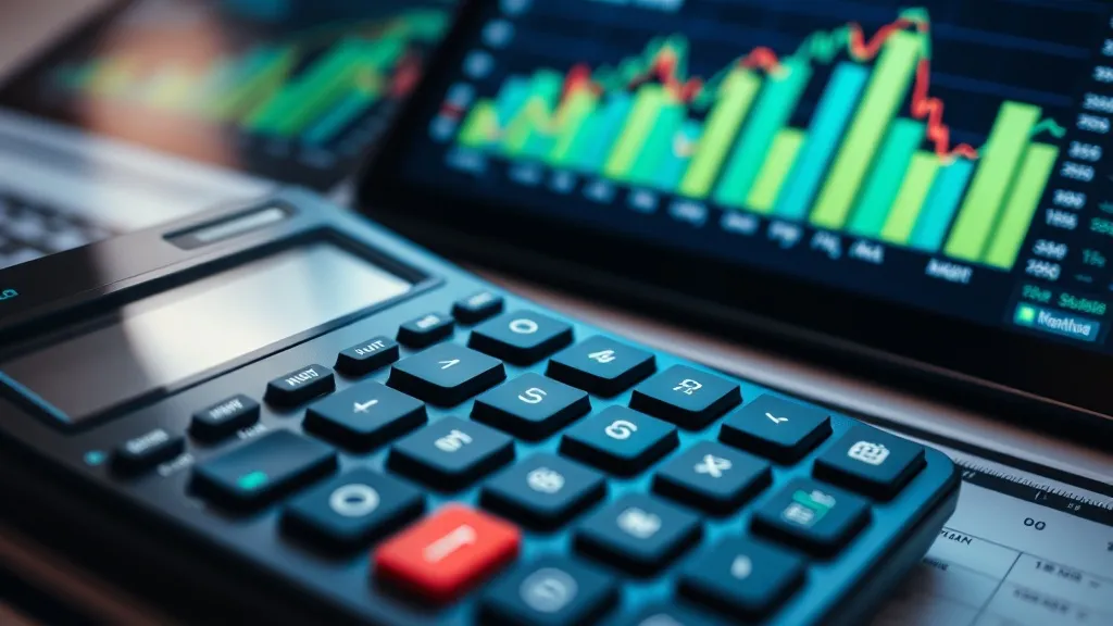 A close-up of a high-end calculator and financial charts sho