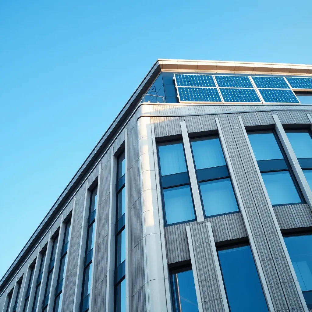 A high-angle architectural shot of a modern financial distri